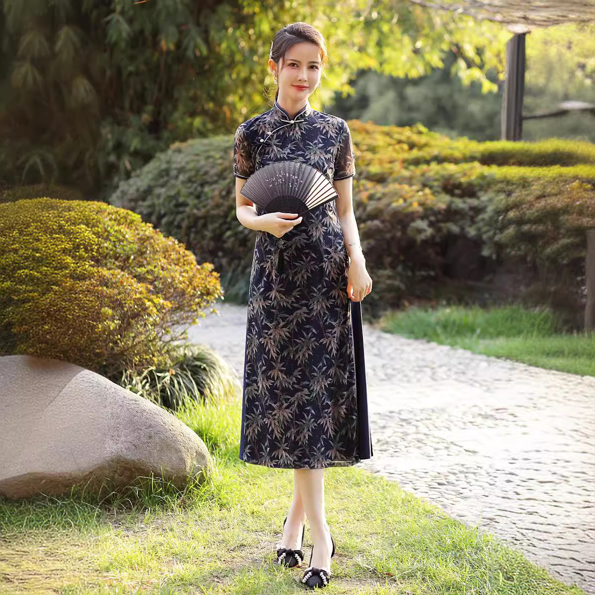 New Chinese Style Modified Aodai Slim Cheongsam Skirt Starry Bamboo Mid-length Elegant