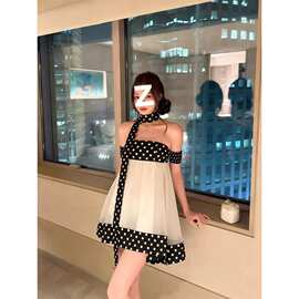 法式千金风波点拼接连衣裙女26夏季新款可爱抹胸娃娃裙小个子短裙