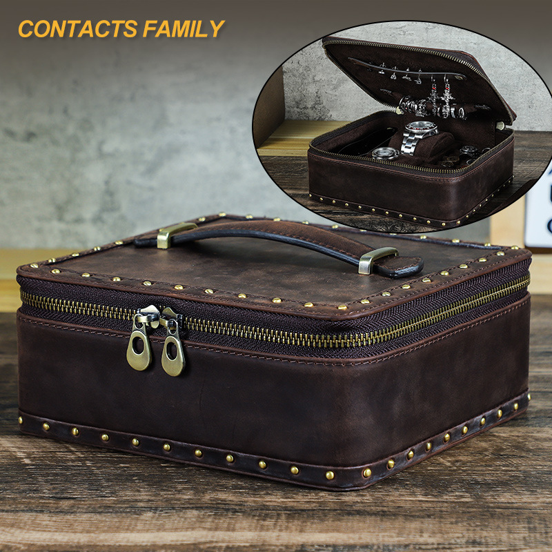 Retro Crazy Horse Leather Suitcase Style Rivet Watch Box Neutral Ring Stud Jewelry Storage Box Genuine Leather Watch Box