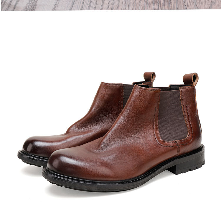 Men's thick soled cowhide leather shoes high-top slip-on ankle boots round head leather breathable_voghion.com