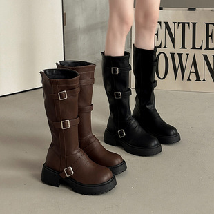 Retro Round Toe Belt Buckle Boots for Women 2025 Autumn and Winter New Maillard Side Zipper Thick Heel Thick Sole Fashion Boots Trend