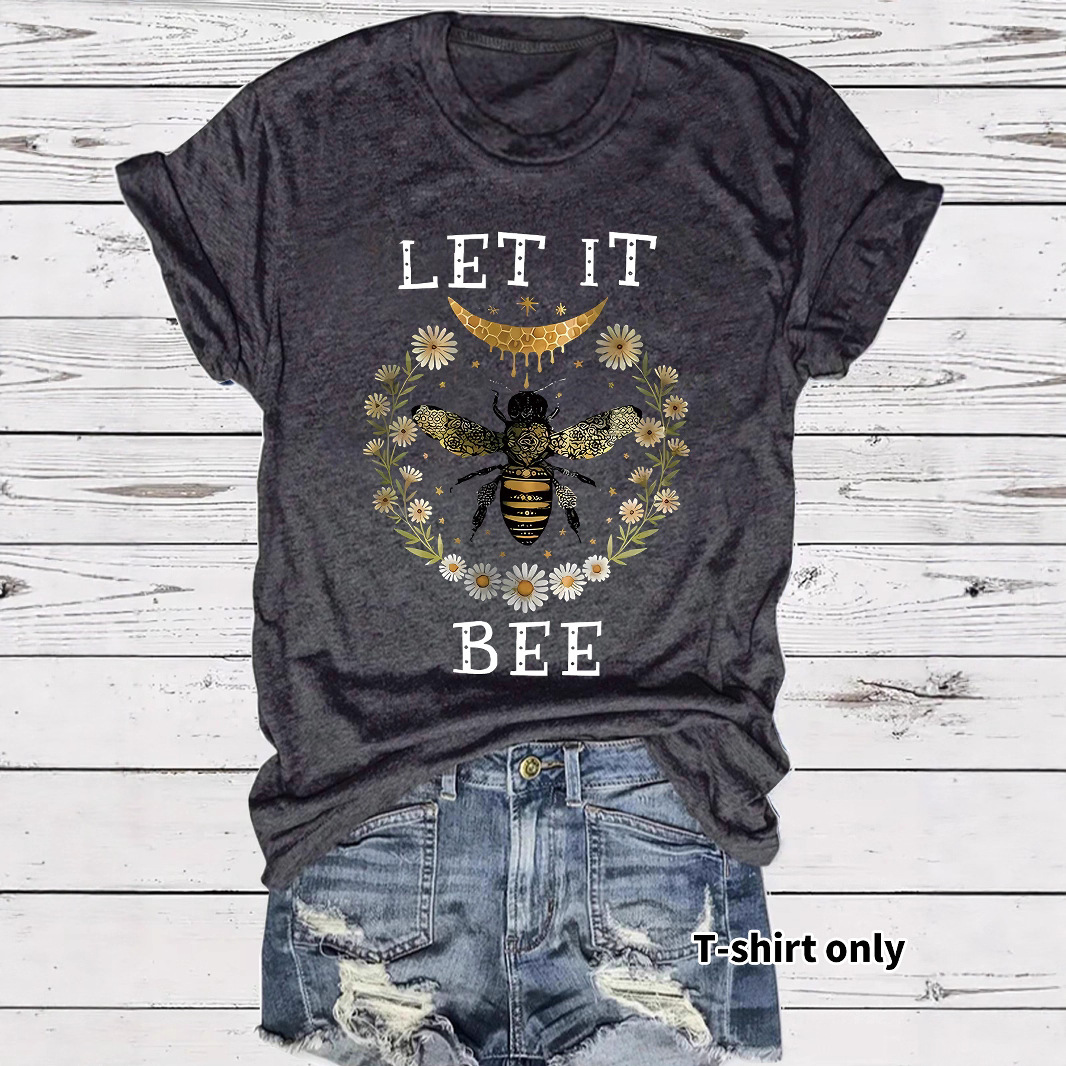 Amazon Cross-Border E-Commerce Foreign Trade Short-Sleeved Women's T-Shirt with Floral and Bee Print Loose Fashion T-Shirt Foreign Trade