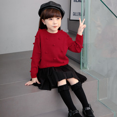 童裝2022秋季新款女寶寶手工球球針織套頭衫紅色外套兒童毛衣批發