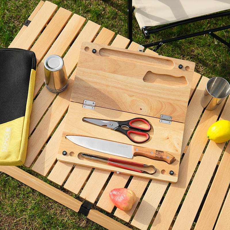 户外烹饪餐具刀具套装 野营野炊厨具 便携收纳刀具刀盒菜板四件套