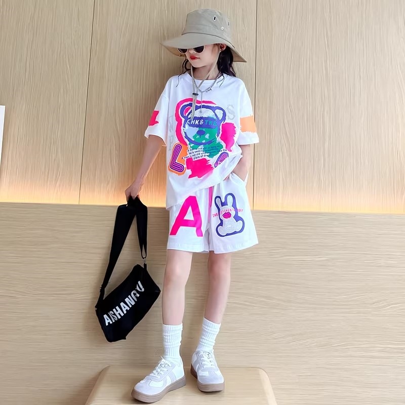 仿棉索罗娜 女童夏季套装新款短袖短裤夏装薄款中大童两件套