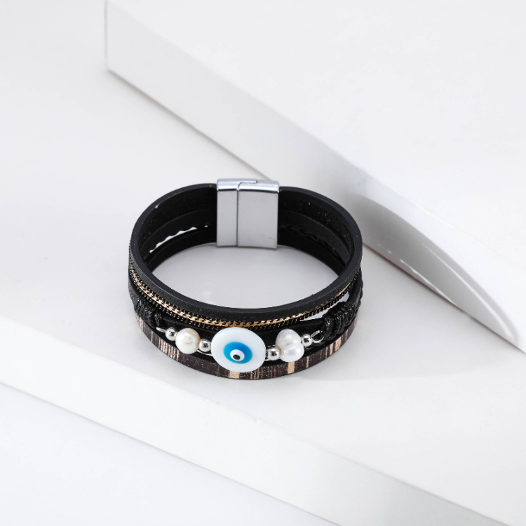 Bohemian multi-layer woven devilu0027s eye pearl leather bracelet