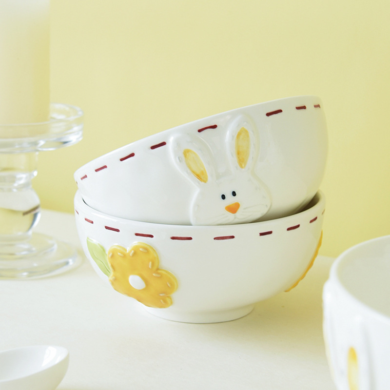Tazón de conejo en relieve súper lindo, vajilla para niños, plato de salsa para mojar, tazón de arroz de pequeña capacidad para el hogar, tazón de verduras, tazón de fideos, tazón de sopa