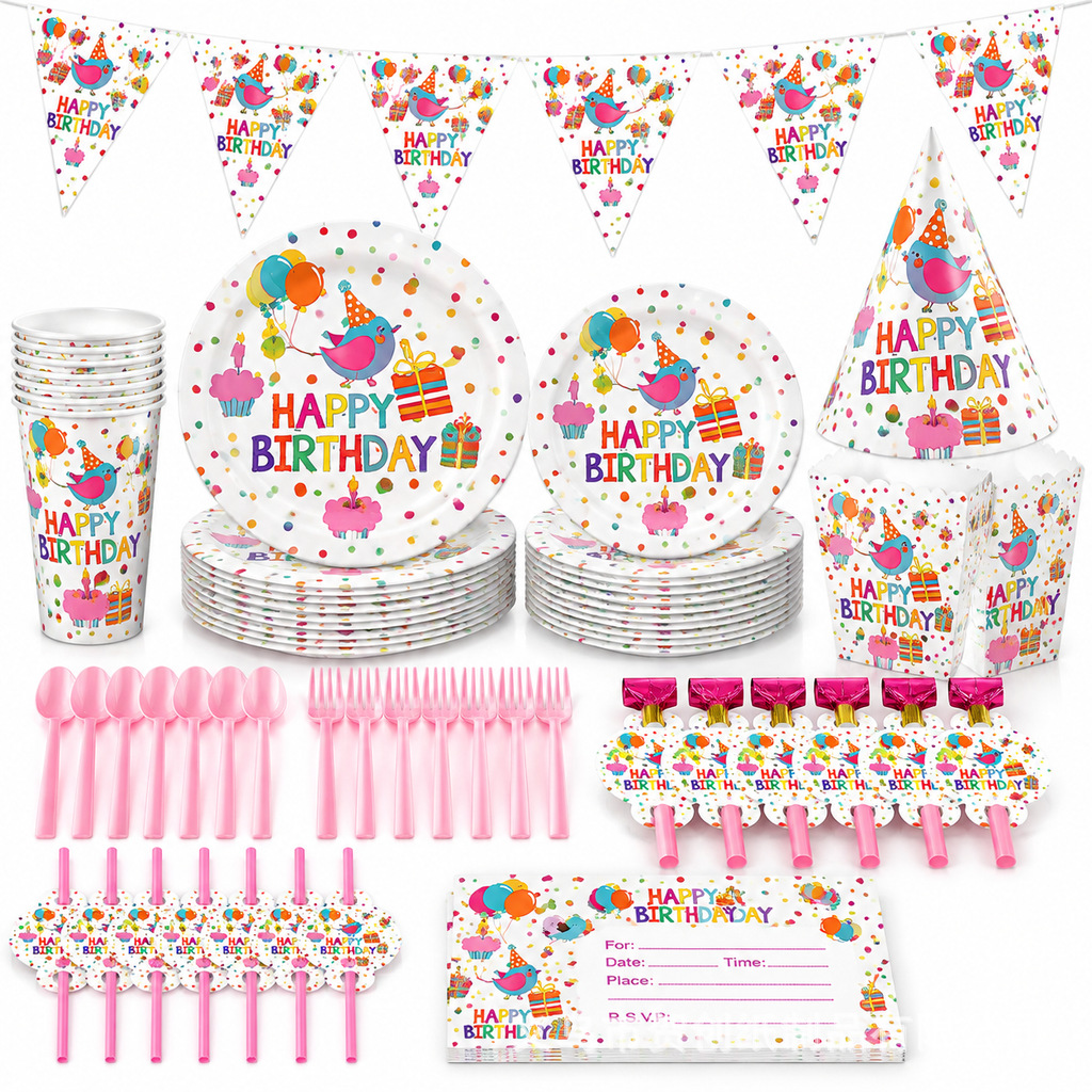 Cross-border birthday party bird-themed children's birthday party balloon candle decoration disposable plate tablecloth set