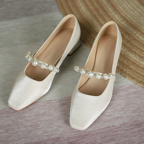Fuhao women's new spring shoes  with pearls and belt satin square-toe low-heeled casual shoes