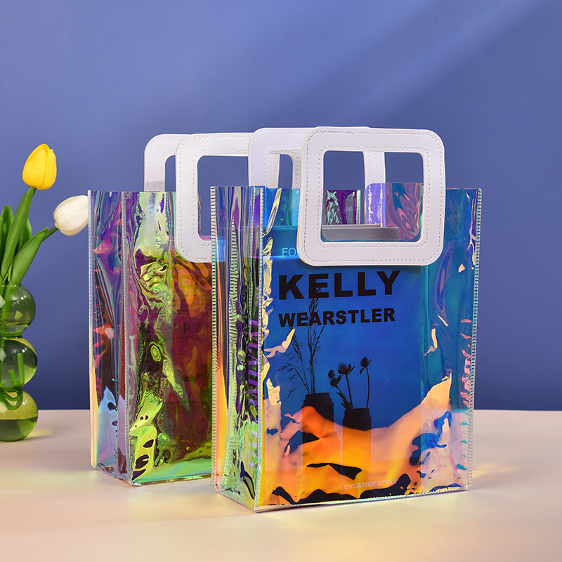 pvc炫彩手提袋 透明塑料购物袋 网红伴手礼袋 镭射手提袋批发