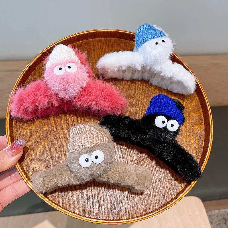 可爱毛绒大眼睛煤球卡通发夹后脑勺盘发抓夹网红新款大号鲨鱼夹子
