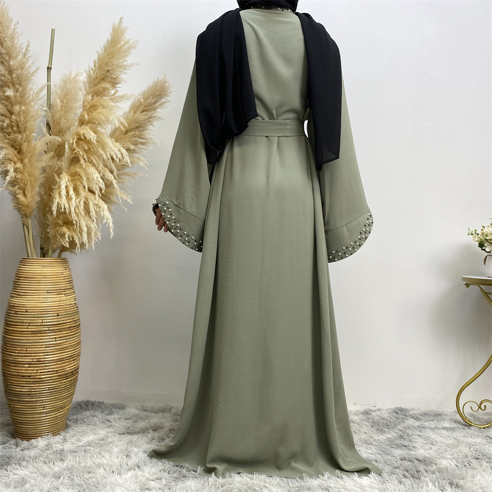 Arab Turkish Middle Eastern Fashion Elegant Solid Color Beaded Muslim Tie-Up Cardigan Robe 1838_ecoleips.com