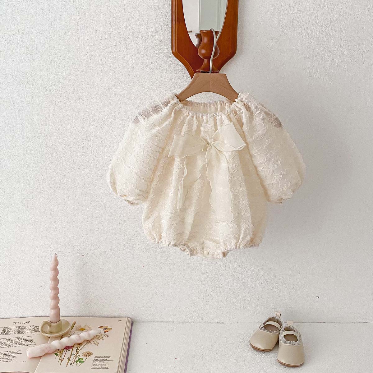 Bebé mono primavera niña dulce arco nudo bolsa pedo mameluco recién nacido un mes de edad princesa mameluco