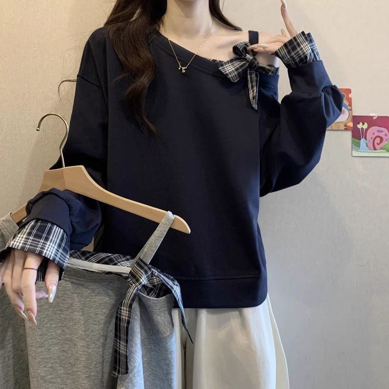 大码格子拼接一字肩斜肩卫衣女春秋新款宽松显瘦遮肉露肩长袖上衣|undefined