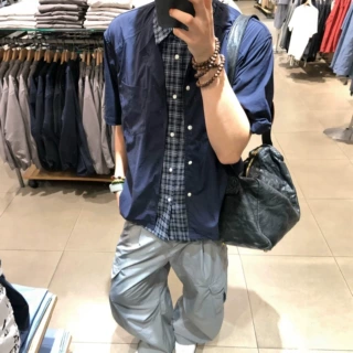 夏季美式复古格纹拼接假两件翻领短袖衬衫男女宽松休闲防晒衣外套