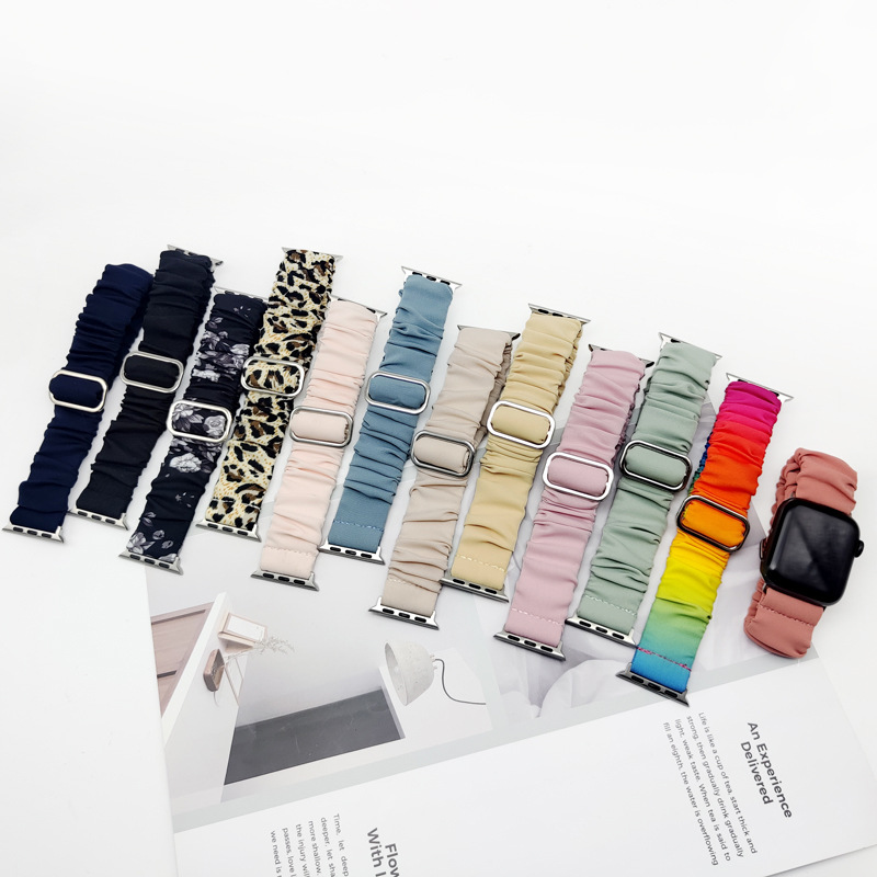 Elastic fabric watch band compatible with Apple Watch S9 SE 87 (654321) with adjustable sliding buckle.