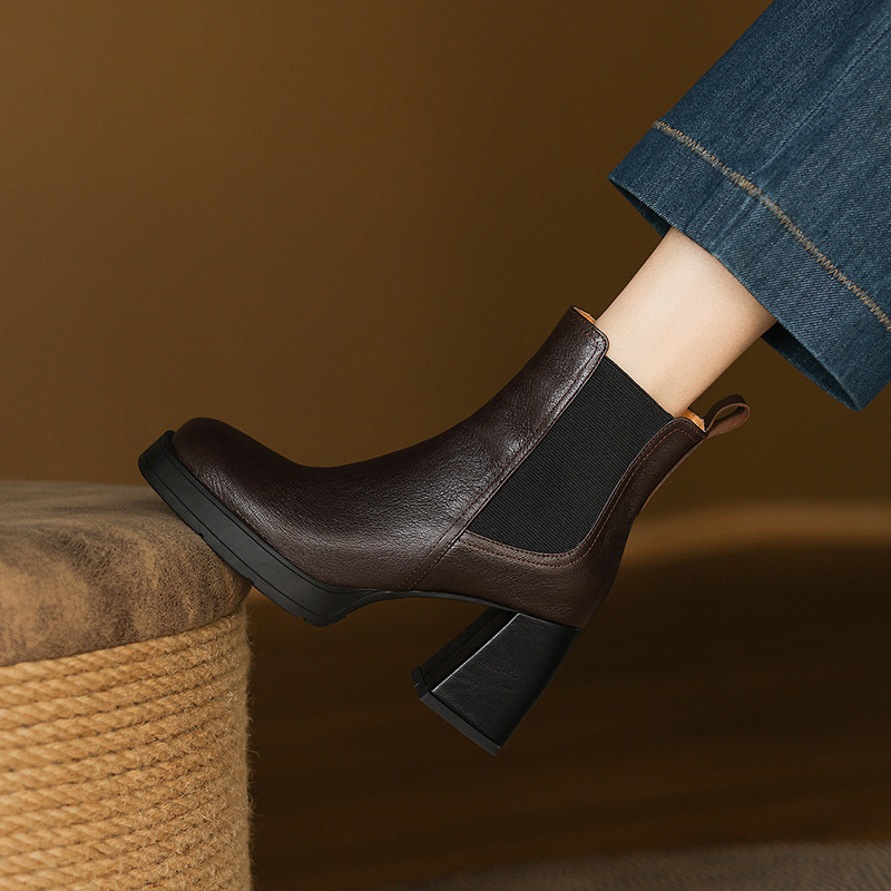 Boot Chelsea cổ ngắn mũi vuông da dê mềm, gót dày platform, phong cách cổ điển, dáng slip-on thu đông — nhung đen, Nhung nâu, Lớp lót đơn màu đen, Lớp lót đơn màu nâu