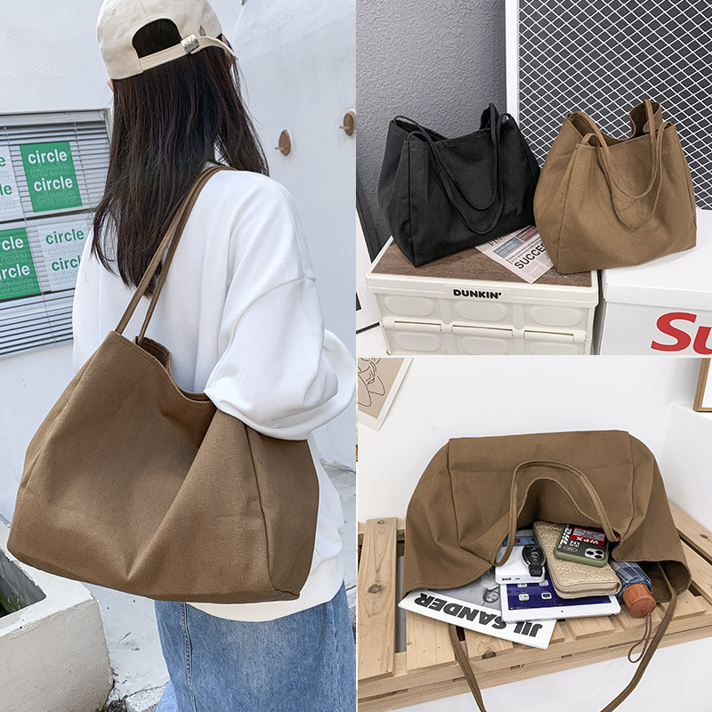 2026 Spring New Solid Color Women's Shoulder Bag, Simple Artistic Canvas Handbag, Large Capacity Shopping Bag
