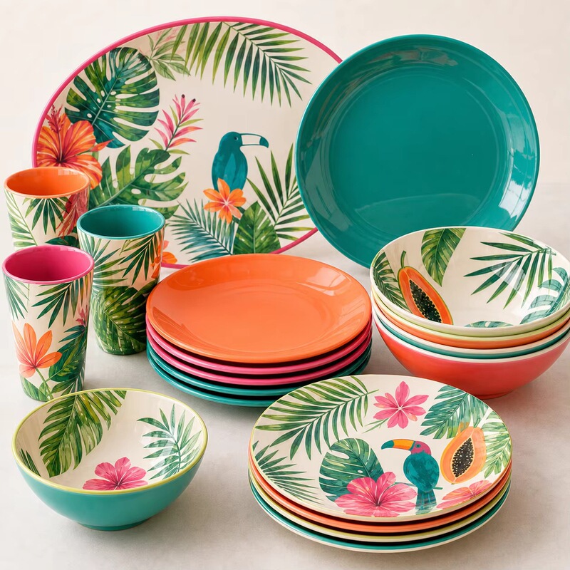 Factory direct luxury exotic melamine tableware with a high-end feel, shatter-resistant, featuring a bird pattern print on melamine plates Factory direct luxury exotic melamine tableware with a high-end feel, shatter-resistant, featuring a bird pattern print on melamine plates