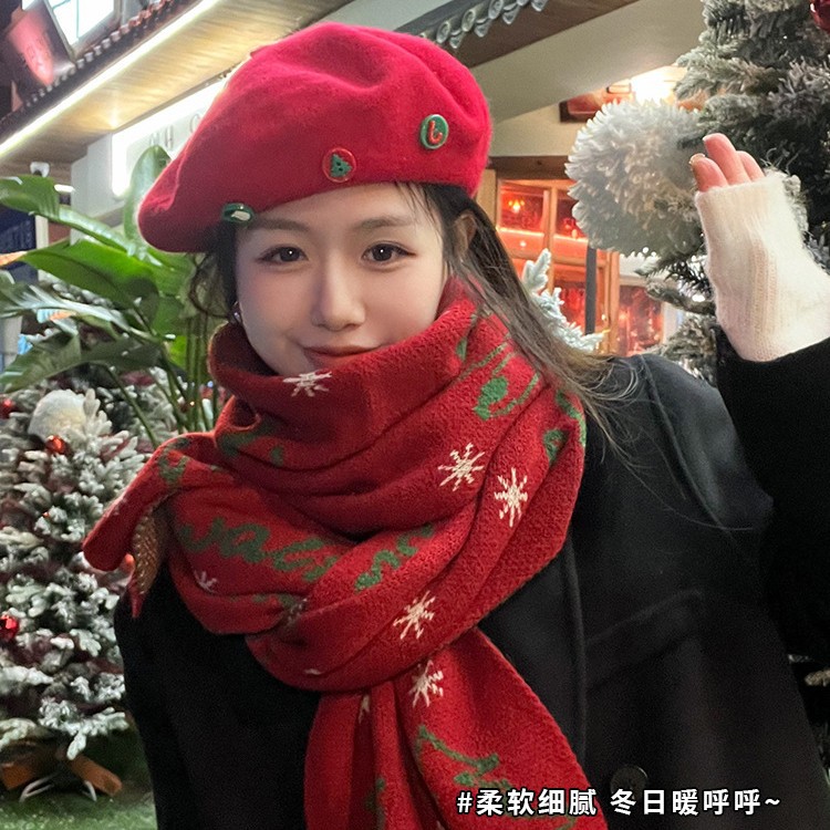 新年圣诞节礼物大红色针织围巾女冬季保暖圣诞树学生百搭毛线围脖