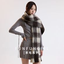 冬季新款格纹拼色棉羊毛围巾女时尚百搭韩系围脖柔软亲肤保暖长巾
