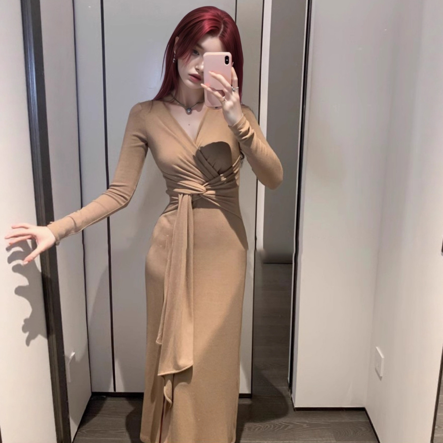 Cross-Border Export Pure Desire Twisted V-Neck Long-Sleeved Dress Women's Spring and Autum Elegant Waist-Hugging Hip Long Skirt Slim Fit