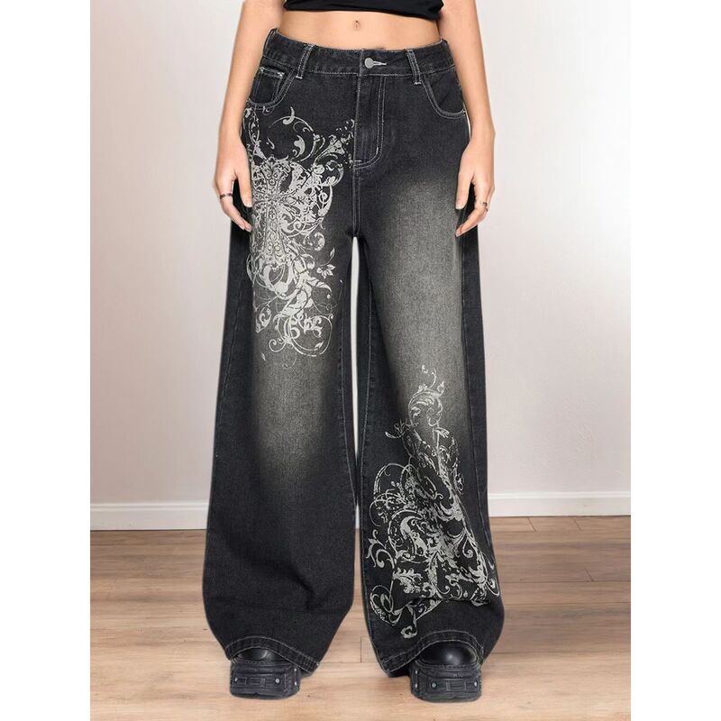 Retro American-Style Y2K Printed Hip-Hop Jeans, Bf Style Low-Waist Spicy Girl Fashion Loose Casual Wide-Leg Pants Retro American-Style Y2K Printed Hip-Hop Jeans, Bf Style Low-Waist Spicy Girl Fashion Loose Casual Wide-Leg Pants