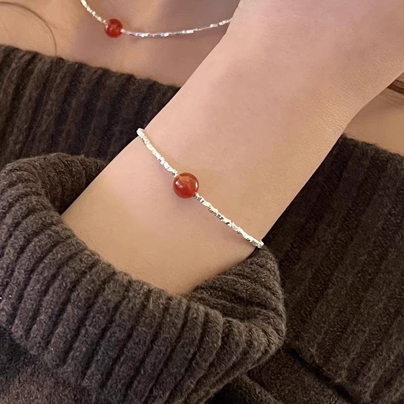 S925 Silver Natural Red Agate Broken Silver Bracelet Women's New Chinoiserie Accessible Luxury Versatile Beaded Bracelet