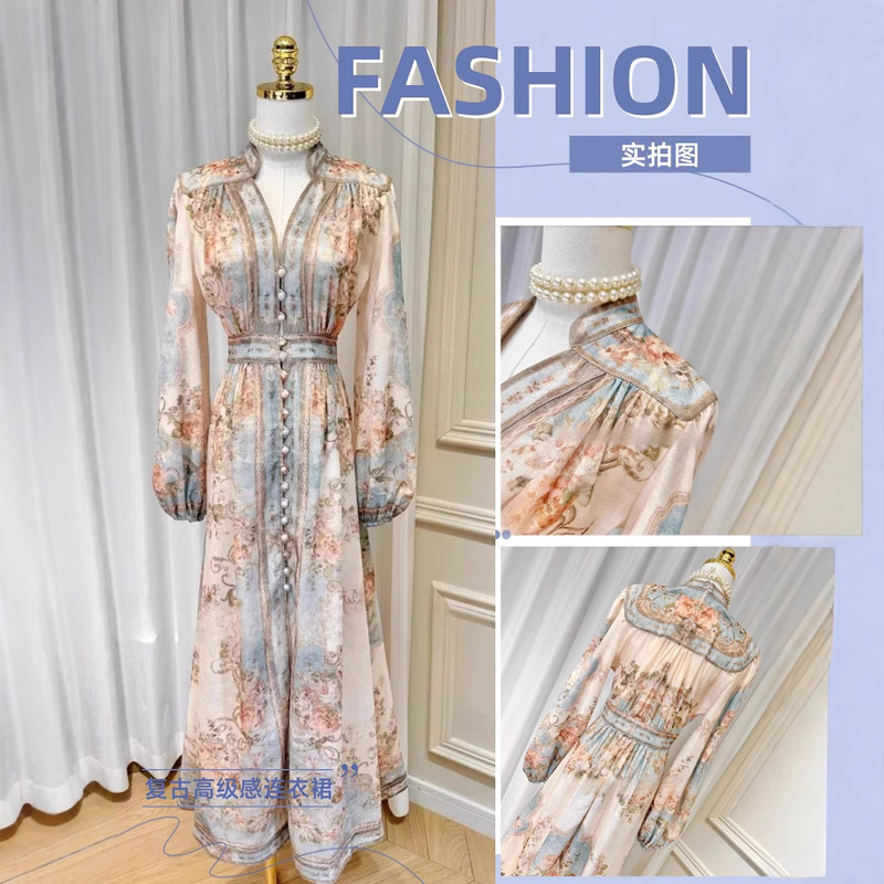 Printed Small Stand-Up Collar Long-Sleeved Dress for Women, Puff-Sleeved Waist-Cinching Long Dress, Cotton and Linen Dress, Holiday Dress, Elegant and Elegant