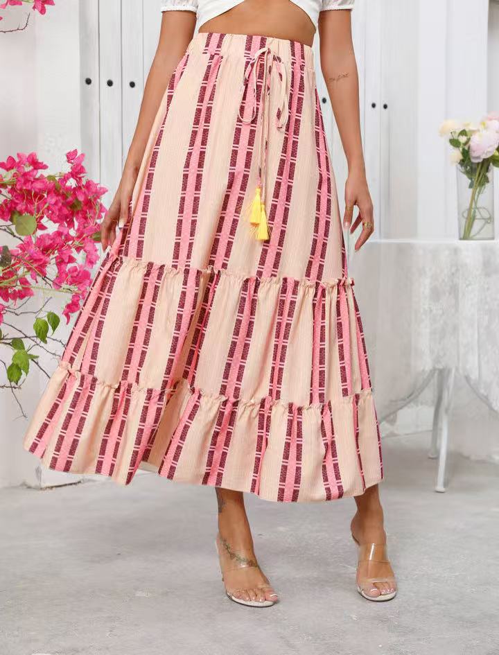 Real Shot Of Cross-border Foreign Trade 2025 Summer New Bohemian Resort Style Printed Flared Skirt For Women_ecoleips.com