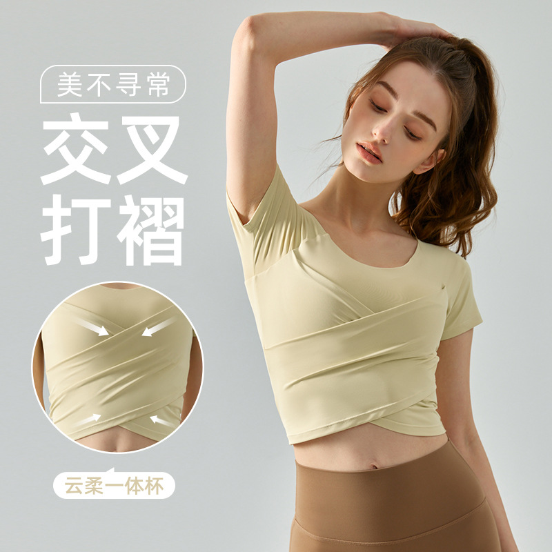 Yoga Top Short-Sleeved Women's Cross Pleated Slim Semi-Fixed All-In-One Sports T-Shirt Running Fitness Wear Top