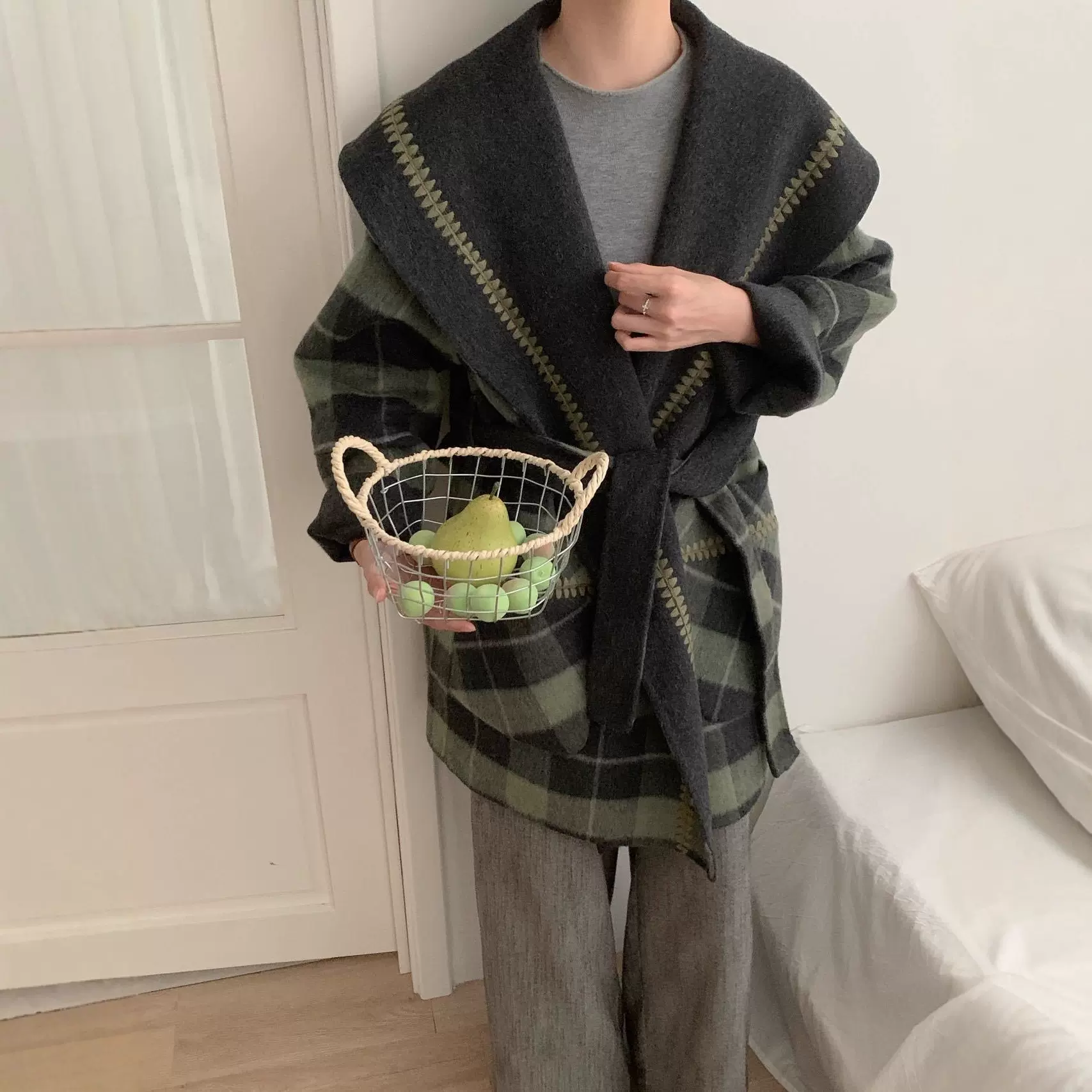 【两面穿】双面羊毛大衣小个子2025新款复古格子宽松韩版毛呢外套