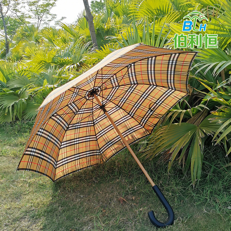 Clothing Brand Umbrella, Plaid Long-Handled Umbrella, Genuine Leather Elbow Solid Wood Umbrella, High-End Gift Advertising Umbrella