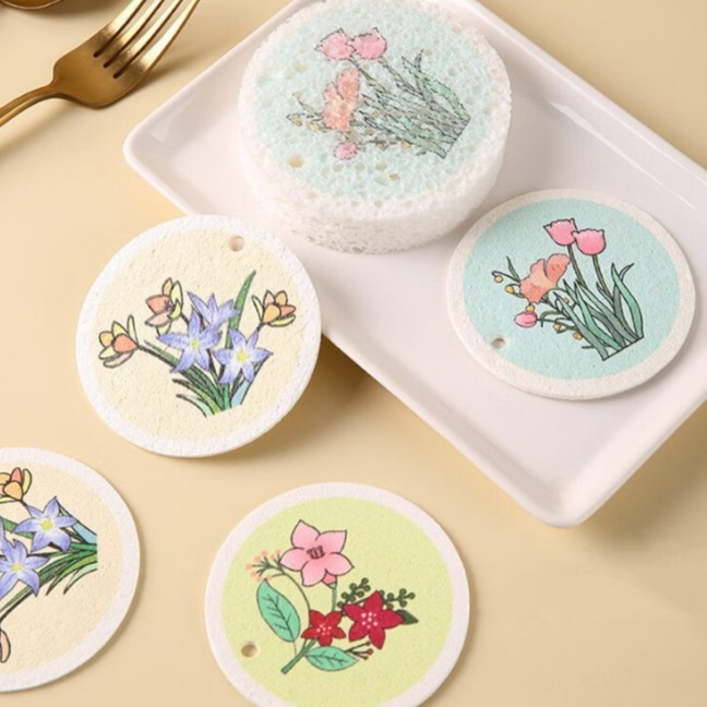 丸い花の木パルプ綿スポンジ圧縮された吸水性の高い木パルプ食器洗い綿キッチンクリーニング雑巾|undefined