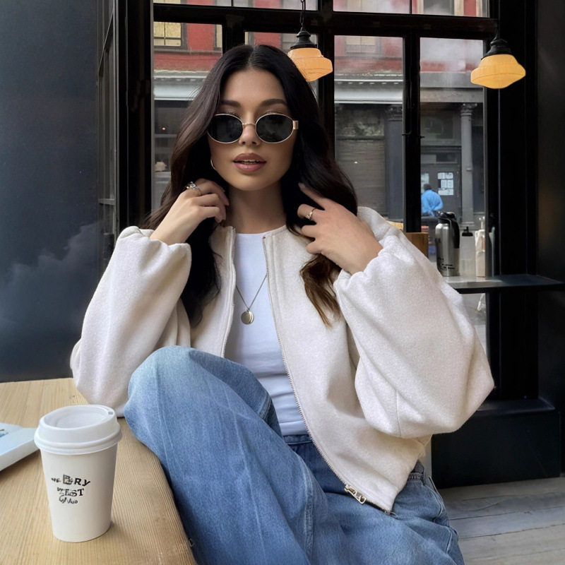 Za Aliexpress Export Wholesale Autum New European and American Style Women's Round Neck Soft Short Bomber Jacket