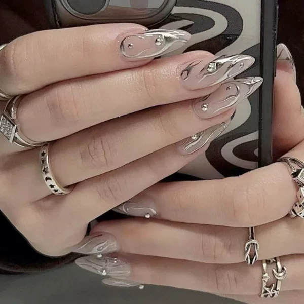 Foreign Trade Cross-Border 24-Piece Manicure European and American Fashion Sexy Style Silver Pattern Rhinestone Long Almond Wearable Nail Polish Wholesale