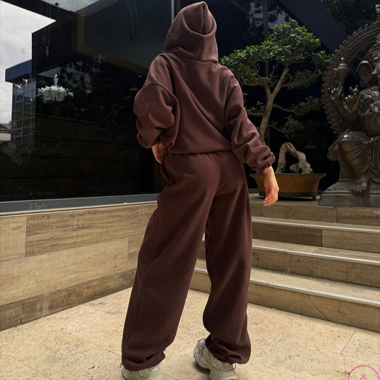 跨境休闲欧美摇粒绒女士套装宽松长袖连帽卫衣松紧阔腿裤两件套女|undefined