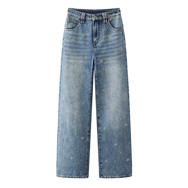 In Stock 2026 Spring New Style High-Waisted Hand-Beaded Embroidered Straight-Leg Jeans Jjp112J6