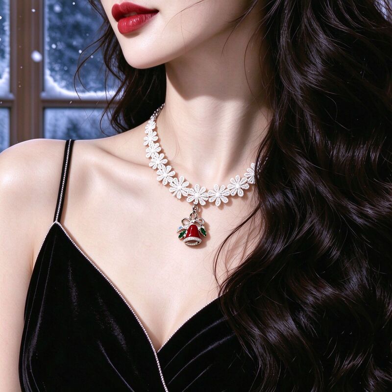 Christmas Lace Flower Necklace for Women, Vintage Enamel Bell Pendant, Festive Atmosphere Clavicle Chain, Layered Accessory Christmas Lace Flower Necklace for Women, Vintage Enamel Bell Pendant, Festive Atmosphere Clavicle Chain, Layered Accessory