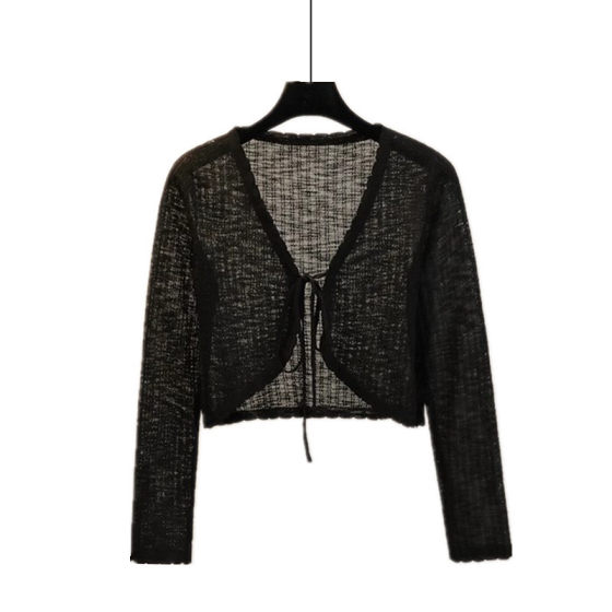 Bow Sunscreen Knitted Cardigan Women's Summer Thin Small Waistle Short Outer Strap Skirt Shawl Blouse