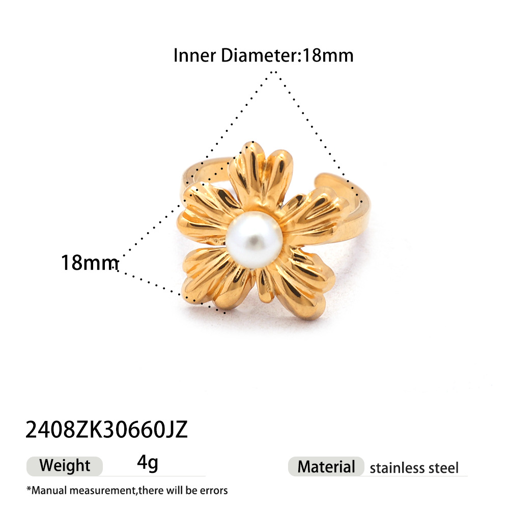 Anillo de acero inoxidable de lujo ligero de alta calidad, anillo de flores de perlas incrustadas para mujeres no se desvanecen en venta caliente