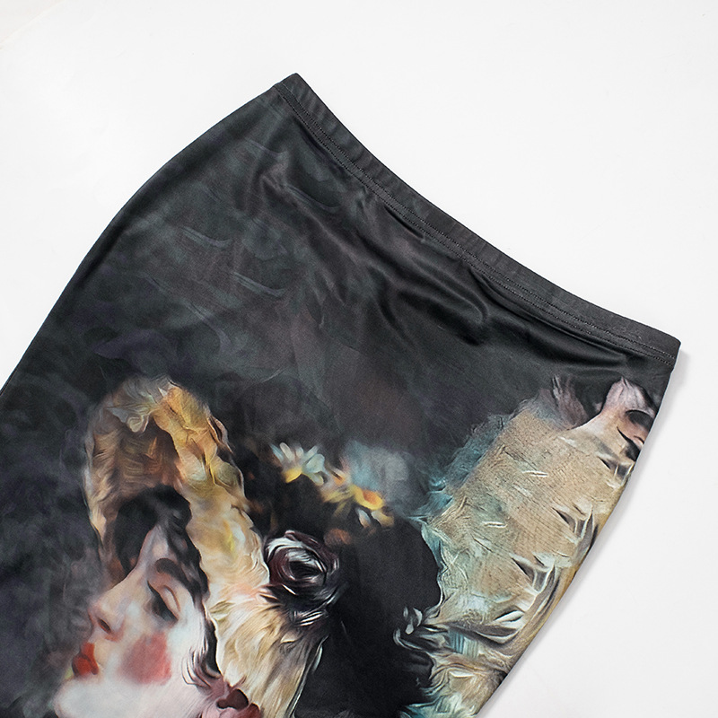 Girl Print Design Transparent Long Sleeves Cropped Top Long Skirt Women Suit