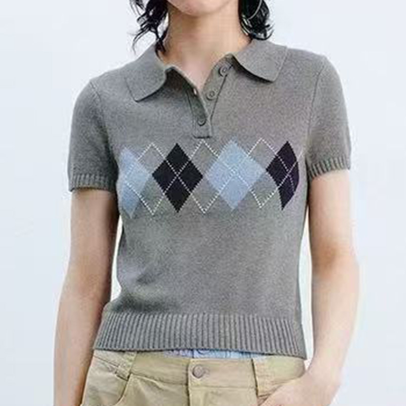 法式休闲学院风菱格polo短袖针织上衣女装毛织衫外贸跨境工厂批发|undefined