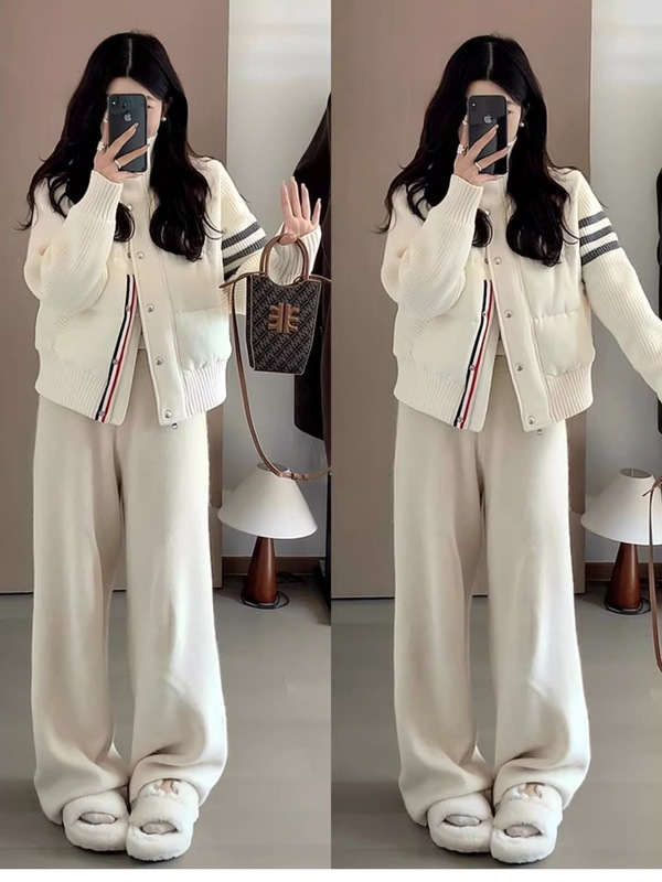 轻薄白色休闲羽绒棉服女2025秋冬新款短款毛线袖立领保暖拼接外套|undefined