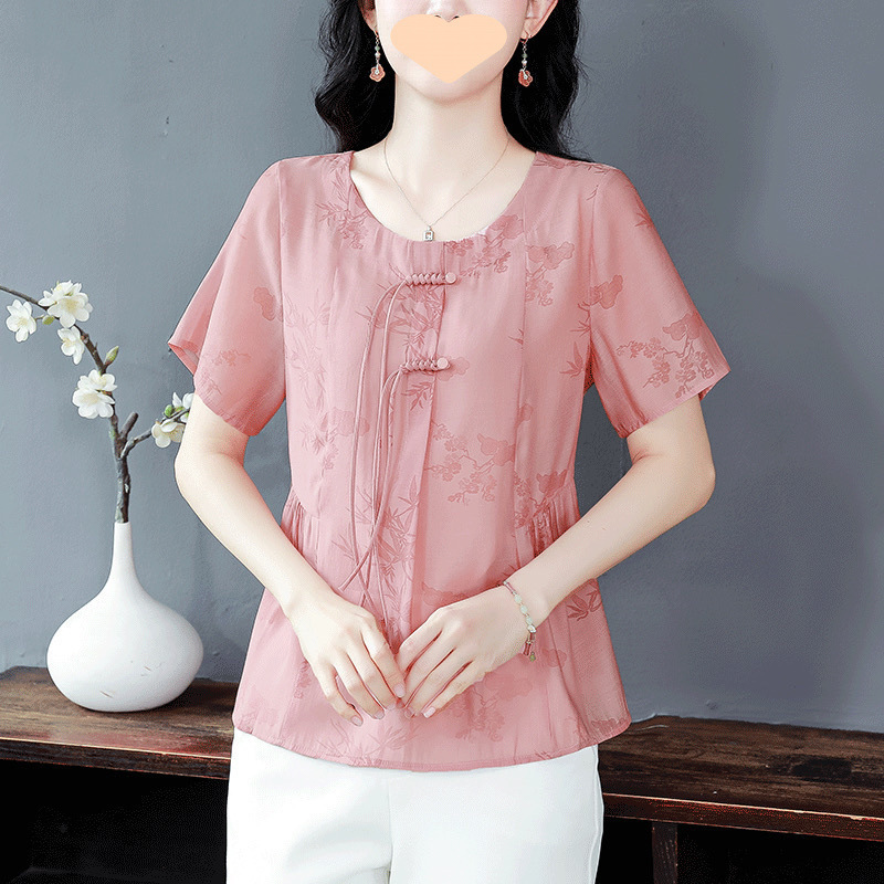 夏の新しい綿とリネンの女性用半袖シャツ、中国風のボタン、年齢を軽減する、ゆったりとした大きいサイズのお腹カバーシャツ、マザーズトップ|undefined