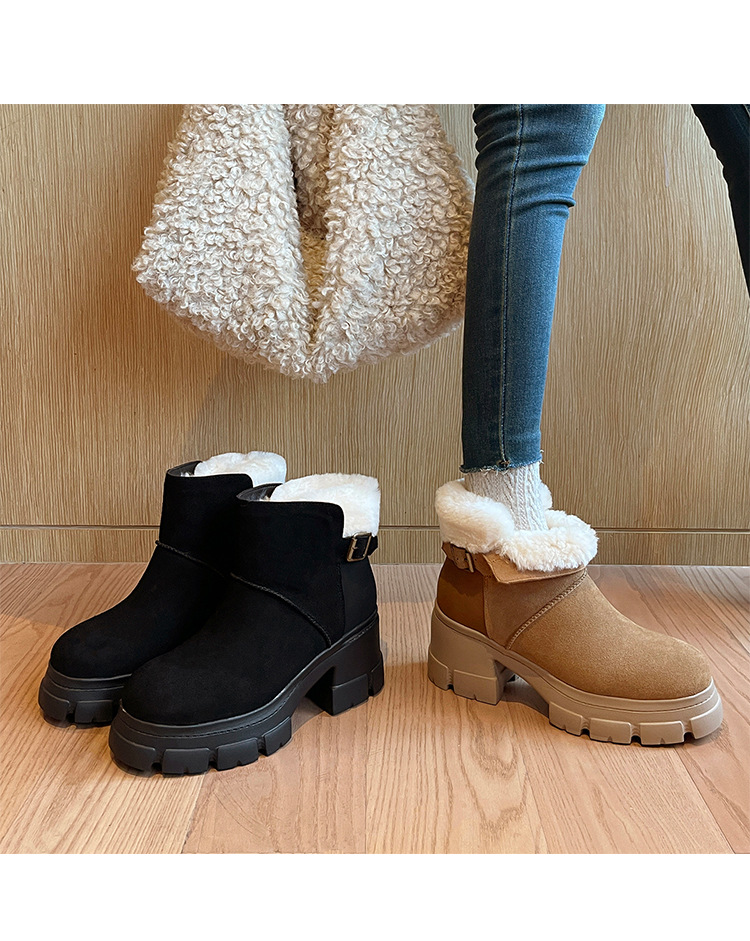 Boot tuyết nữ len thật gót cao đế dày ống ngắn lót lông giữ ấm — màu đen chi tiết 8