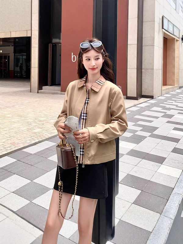 卡其色撞色拼接格子风衣短外套女秋季高级感气质小个子夹克上衣|undefined