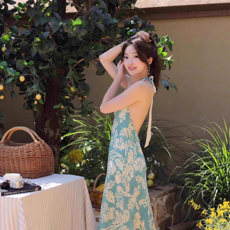 Beautiful Beach Dress for Seaside Vacation, French-Style Sleeveless Halter Neck, Waist-Cinching, Blue Printed V-Neck Dress, Backless Long Dress