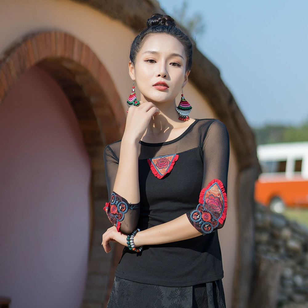 2023 летняя новая женская футболка в этническом стиле из эластичной сетки с вышивкой и швом до локтя, с круглым вырезом, Женский Топ