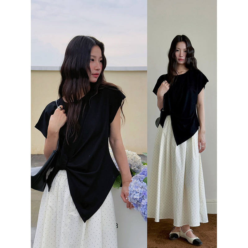 [Designer T-Shirt 3.0] Geming Round Neck Hem Twist Slit T-Shirt Women's Summer Flying Sleeve Top N171C